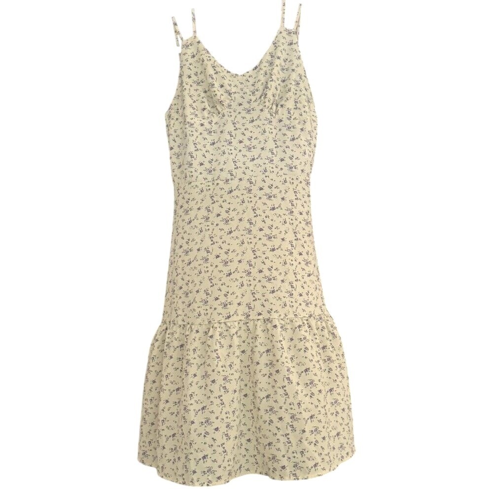 Pastel Yellow Floral Babydoll Midi Sundress M CottageCore Tiered Summer Ruffle